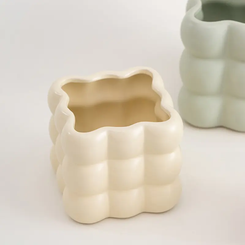Modern Minimalist Jiugongge Spherical Ceramic Flowerpot Cream Wind Indoor Home Decoration Basin Desktop Decoration Ornaments