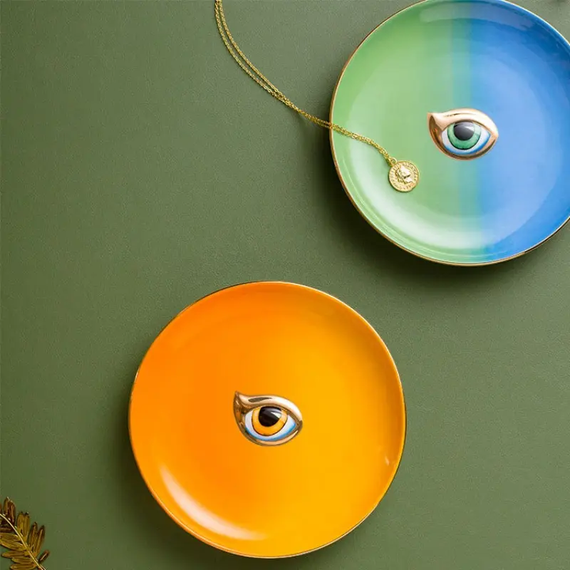 Nordic Round Ceramic Plate Devil's Eye Ring Necklace Jewelry Tray Teacups Coasters Ceramic Jewelry Tray Colorful Tray Ornaments