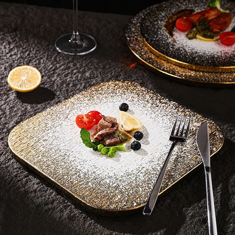 Golden Frosted Western-style Square Round Ceramic Flat Plate Kitchen Supplies Table Main Course Decorative Plate Cake Tray