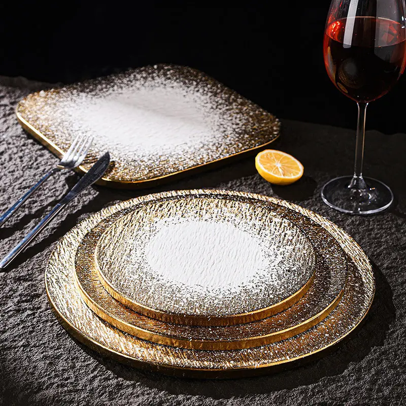 Golden Frosted Western-style Square Round Ceramic Flat Plate Kitchen Supplies Table Main Course Decorative Plate Cake Tray