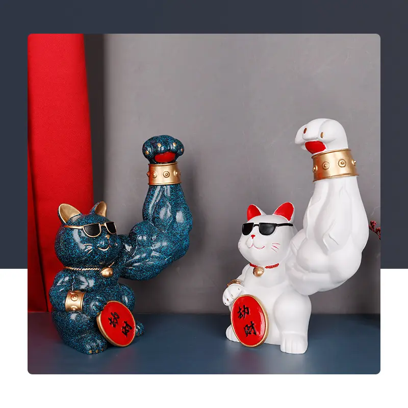 Creative Lucky Cat Decorative Ornaments Muscle Cat Animal Statue Resin Table Small Ornaments Living Room Home Decoration Modern