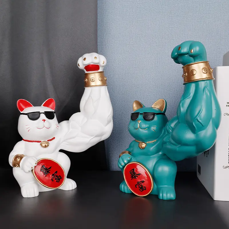 Creative Lucky Cat Decorative Ornaments Muscle Cat Animal Statue Resin Table Small Ornaments Living Room Home Decoration Modern