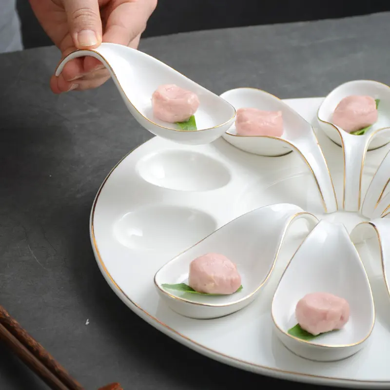 Ten Grids Spoon Plates Golden Edge Ceramic Tableware Snacks Hot Pot Meatballs Shrimp Slide Plate Table Tray Kitchen Utensils