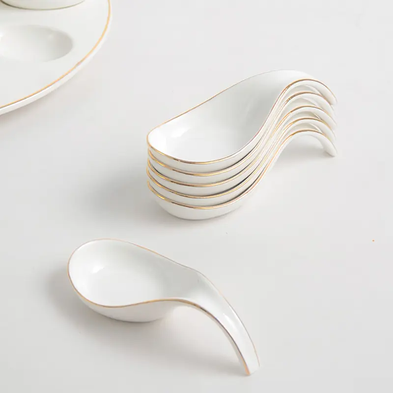 Ten Grids Spoon Plates Golden Edge Ceramic Tableware Snacks Hot Pot Meatballs Shrimp Slide Plate Table Tray Kitchen Utensils