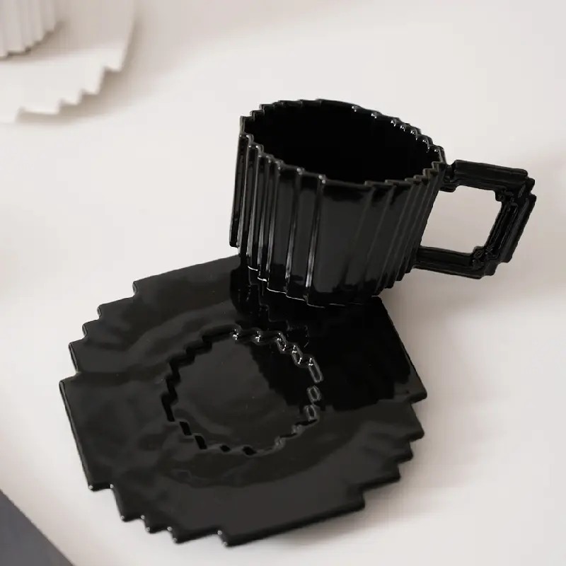 Nordic Industrial Style Ceramic Coffee Cup with Disc Creative Irregular Latte Afternoon Tea Cup Black and White Ceramic Mug