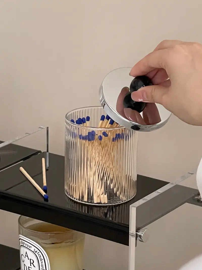 Cotton Swab Tube Glass Storage Box with Cover Striped Transparent Dental Floss Jar Candle Storage Jar Living Room Ornaments