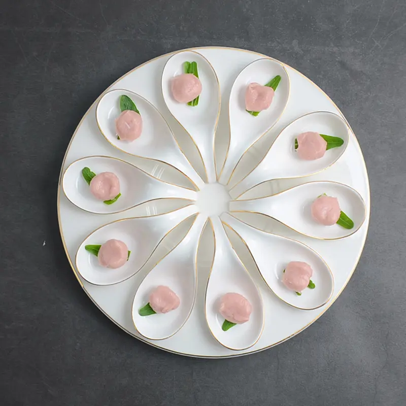 Ten Grids Spoon Plates Golden Edge Ceramic Tableware Snacks Hot Pot Meatballs Shrimp Slide Plate Table Tray Kitchen Utensils