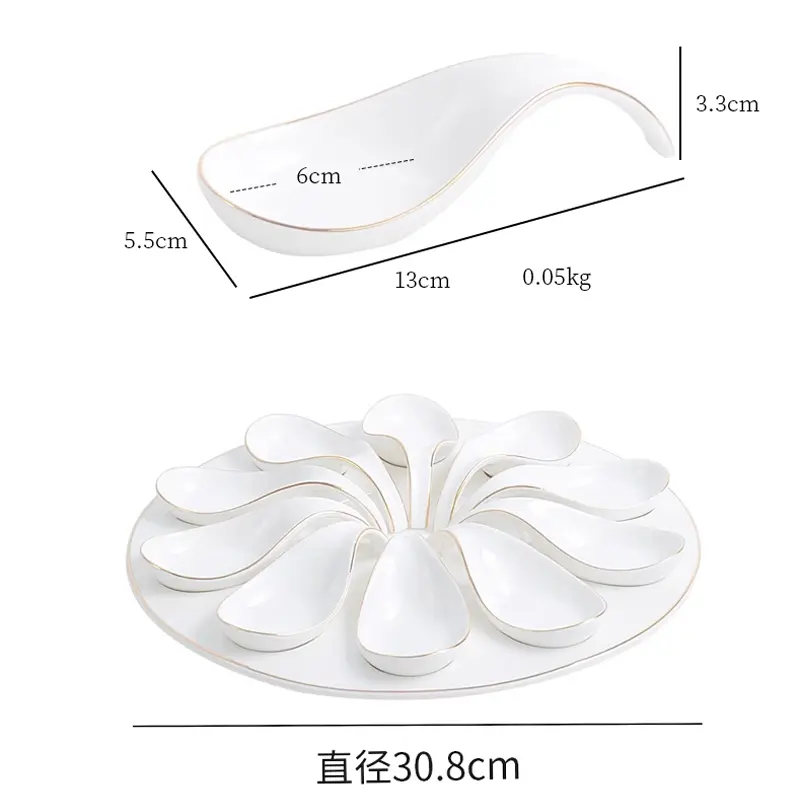 Ten Grids Spoon Plates Golden Edge Ceramic Tableware Snacks Hot Pot Meatballs Shrimp Slide Plate Table Tray Kitchen Utensils