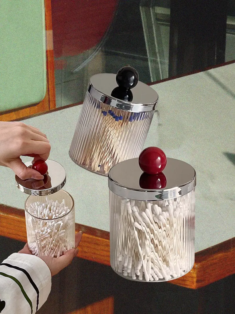 Cotton Swab Tube Glass Storage Box with Cover Striped Transparent Dental Floss Jar Candle Storage Jar Living Room Ornaments