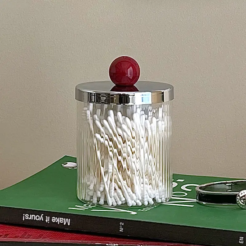 Cotton Swab Tube Glass Storage Box with Cover Striped Transparent Dental Floss Jar Candle Storage Jar Living Room Ornaments
