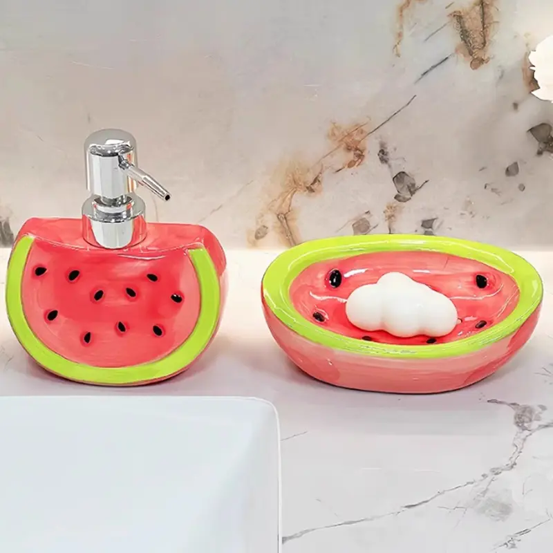 Creative Watermelon Shaped Lotion Bottle Soap Dish Ceramic Household Press Type Hand Sanitizer Shampoo Separate Bottles