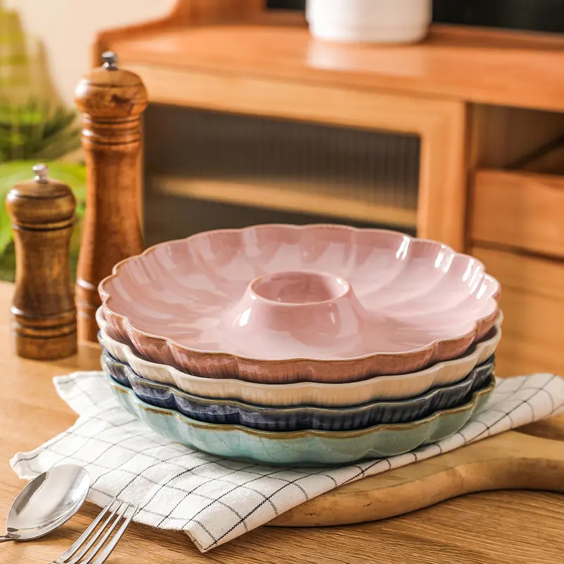 Flower Shape Dumpling Plate Ceramic Snack Platter with Dipping Dish Household Fruit Salad Disc Japanese Tableware