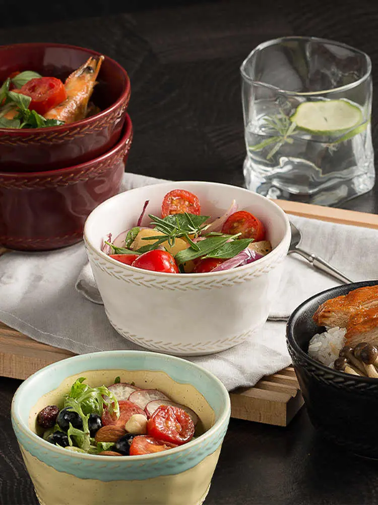 Japanese Retro Ceramic Rice Bowl Solid Colour Yoghurt Bowl Household Simple Salad Bowl Kitchen Tableware