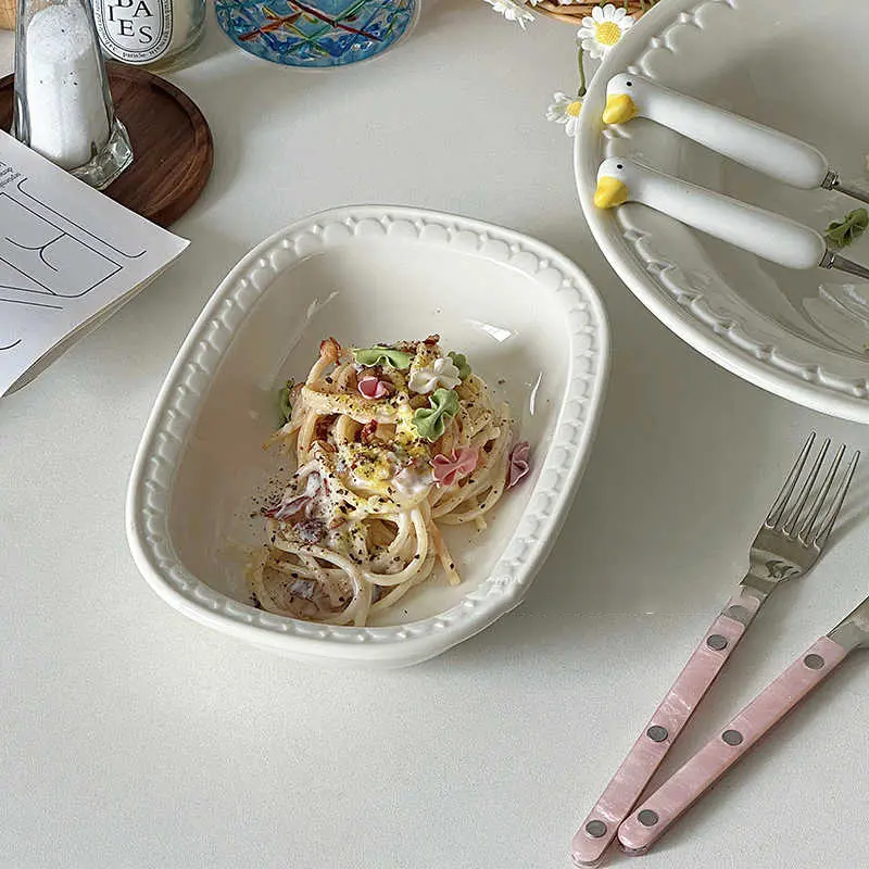 White Ceramic Embossed Fruit Salad Deep Dish Solid Colour Baked Rice Plate Household Simple Pasta Disc Tableware