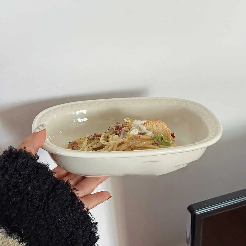 White Ceramic Embossed Fruit Salad Deep Dish Solid Colour Baked Rice Plate Household Simple Pasta Disc Tableware