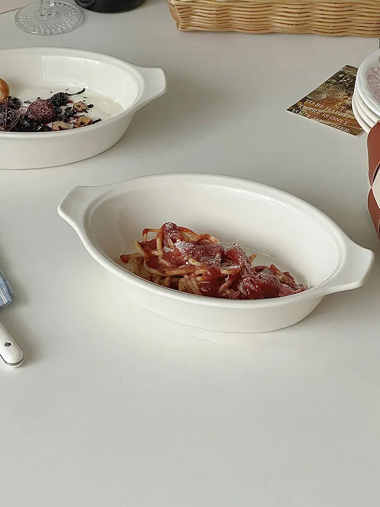 Simple Solid Color White Ceramic Binaural Baking Bowl Household Salad Yoghurt Bowl Spaghetti Bowl Tableware