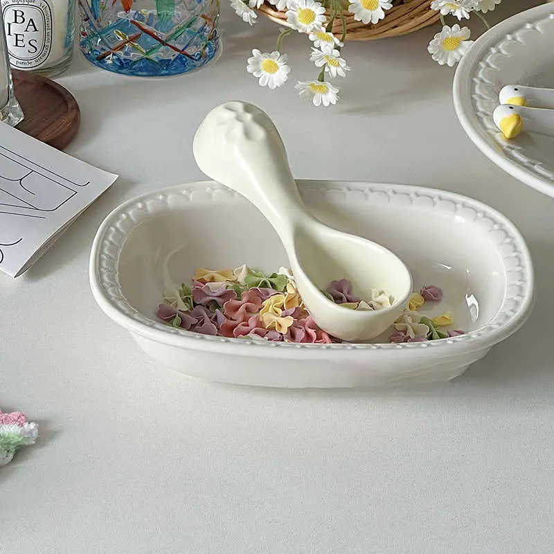 White Ceramic Embossed Fruit Salad Deep Dish Solid Colour Baked Rice Plate Household Simple Pasta Disc Tableware