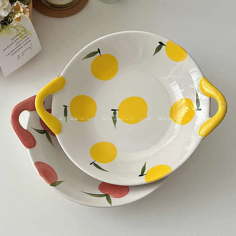 Binaural Ceramic Fruit Salad Plate Underglaze Printing Lovely Dinner Tray Household Kitchen Dessert Deep Plates