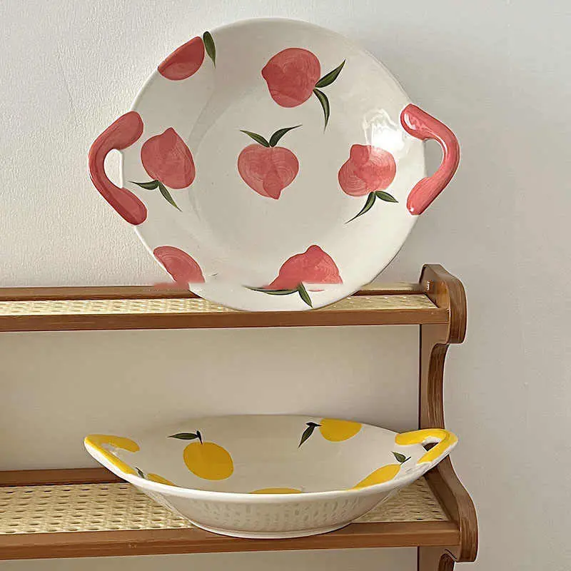 Binaural Ceramic Fruit Salad Plate Underglaze Printing Lovely Dinner Tray Household Kitchen Dessert Deep Plates