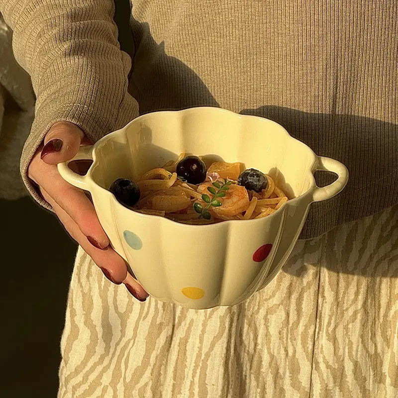 Creamy Yellow Colorful Polka Dot Ceramic Bowl Lace Binaural Bowls Household Fruit Spaghetti Bowl Tableware