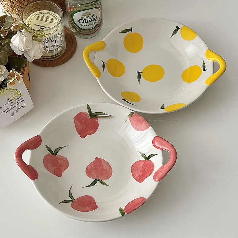 Binaural Ceramic Fruit Salad Plate Underglaze Printing Lovely Dinner Tray Household Kitchen Dessert Deep Plates