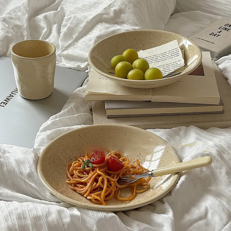 Glossy Splash Ink Ceramic Salad Plate Underglaze Spaghetti Deep Plates Home Living Room Fruit Dessert Tray 22cm Tableware