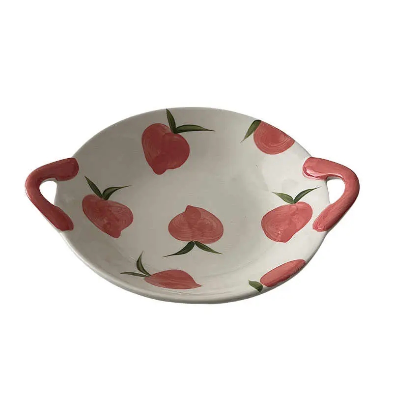 Binaural Ceramic Fruit Salad Plate Underglaze Printing Lovely Dinner Tray Household Kitchen Dessert Deep Plates