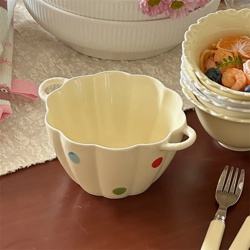 Creamy Yellow Colorful Polka Dot Ceramic Bowl Lace Binaural Bowls Household Fruit Spaghetti Bowl Tableware