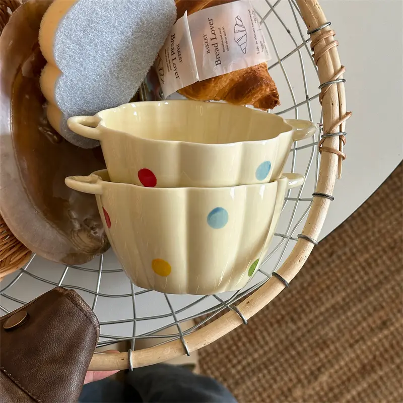 Creamy Yellow Colorful Polka Dot Ceramic Bowl Lace Binaural Bowls Household Fruit Spaghetti Bowl Tableware