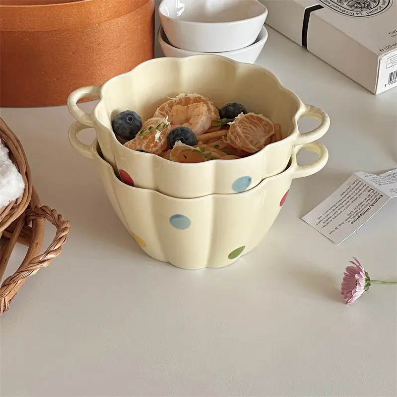 Creamy Yellow Colorful Polka Dot Ceramic Bowl Lace Binaural Bowls Household Fruit Spaghetti Bowl Tableware
