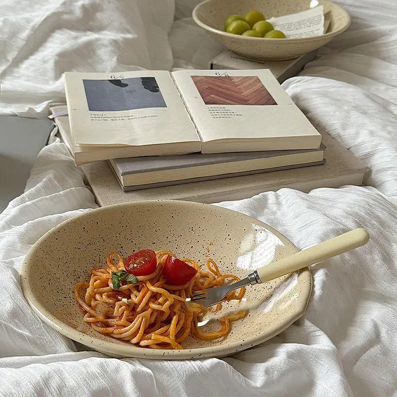 Glossy Splash Ink Ceramic Salad Plate Underglaze Spaghetti Deep Plates Home Living Room Fruit Dessert Tray 22cm Tableware