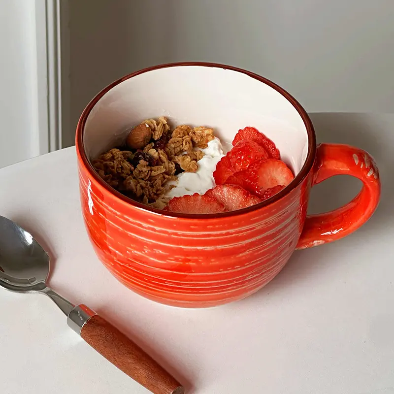 480ml Large Capacity Ceramic Yoghurt Cup Retro Relief Coffee Cup Home Breakfast Milk Oatmeal Mug Drinking Utensils