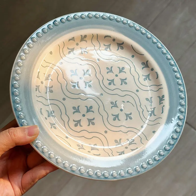 French Relief Ceramic Dessert Plate Lovely Printing Household Breakfast Plates Round Western Food Dish Tableware