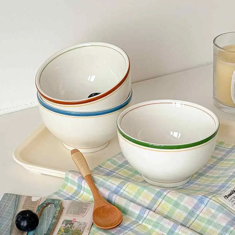 Korean Retro Striped Coil Bowl Simple Ceramic Yoghurt Bowls Delicate Household Rice Bowl Kitchen Tableware