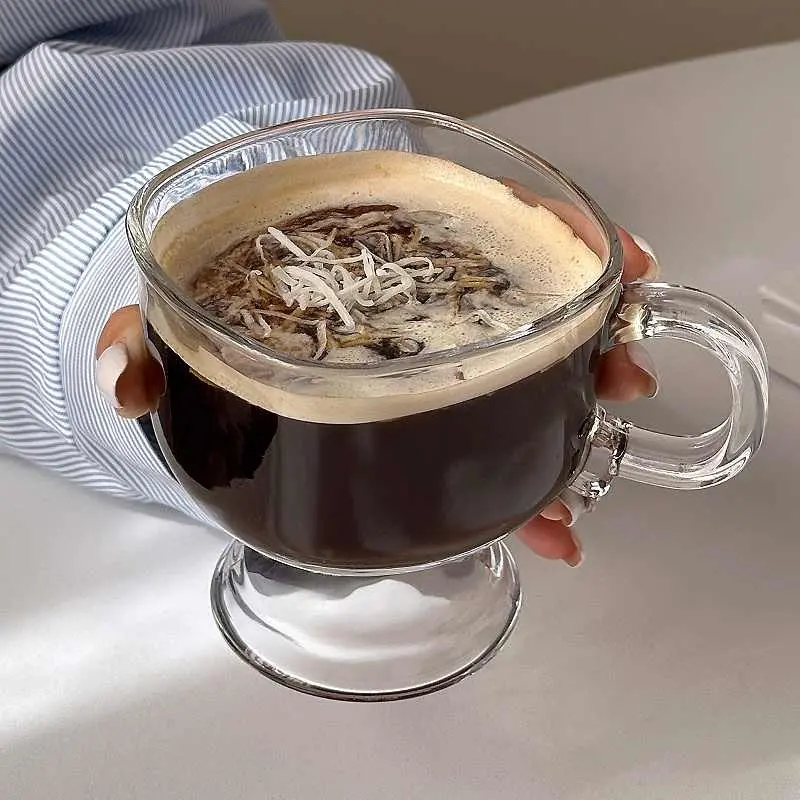Glass Coffee Mug Iced Americano Latte Clear Cup With Handle Tall Oatmeal Dessert Breakfast Mugs 220ml Drinkware