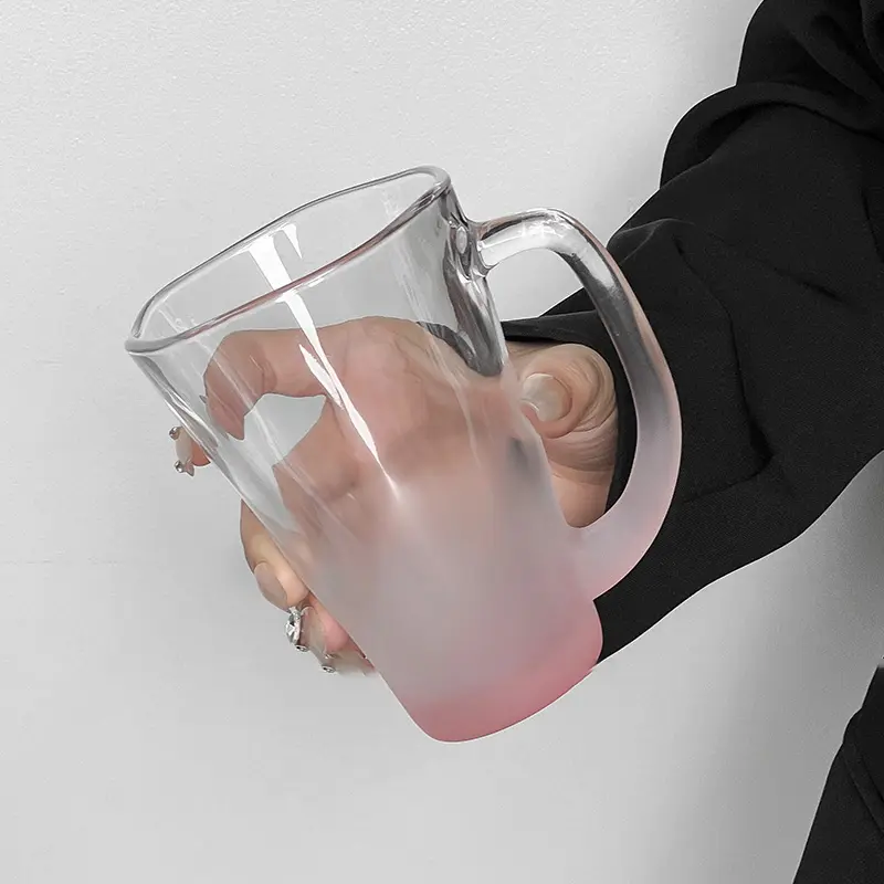 Pink Color Gradient Glass Cup Office Cute Large Capacity Mug With Handle High Quality Transparent Latte Coffee Mugs Glassware
