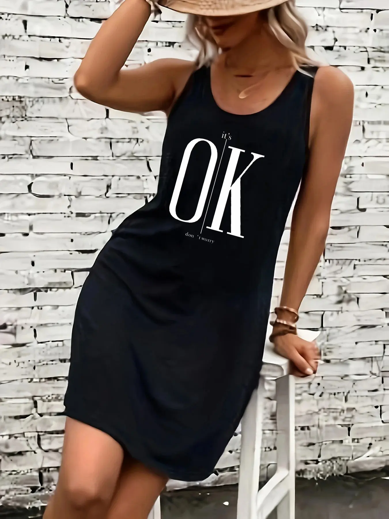 Women's summer loose and comfortable casual it's okay don't worry letter printed black sleeveless vest dress punk style dress