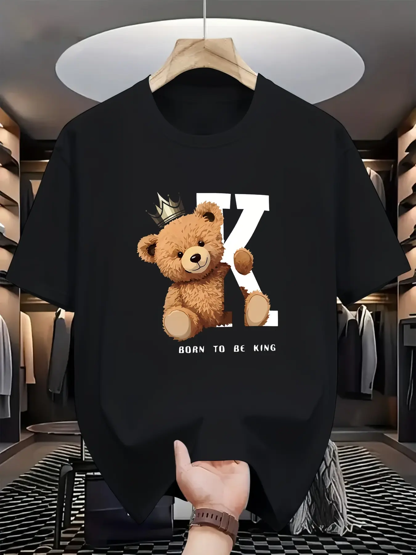 Men's summer 100% pure cotton fashionable casual loose fit big k bear graphic printed round neck short sleeved T-shirt top