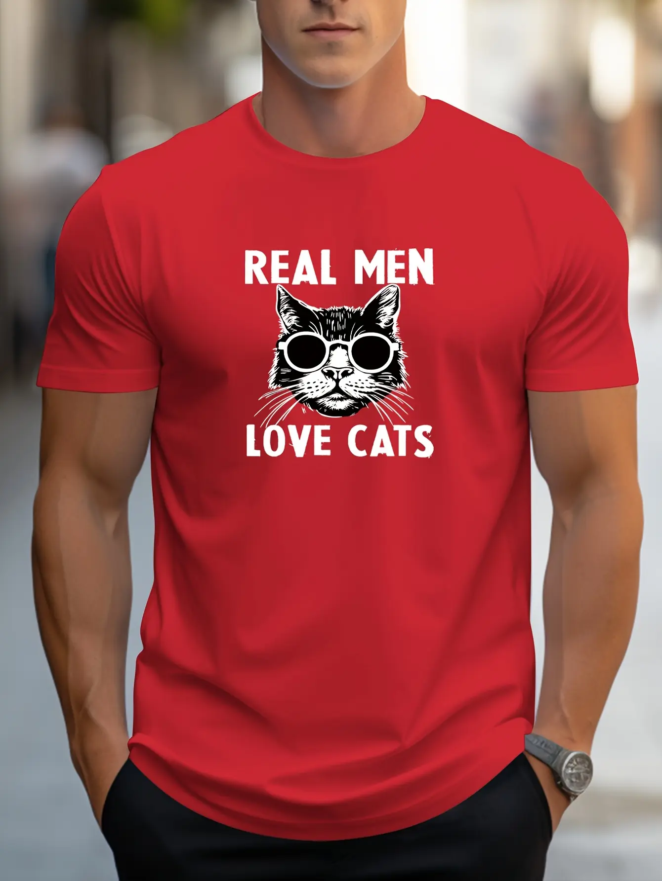 Men's summer 100% pure cotton fashionable casual loose true men love cats print round neck short sleeved T-shirt top