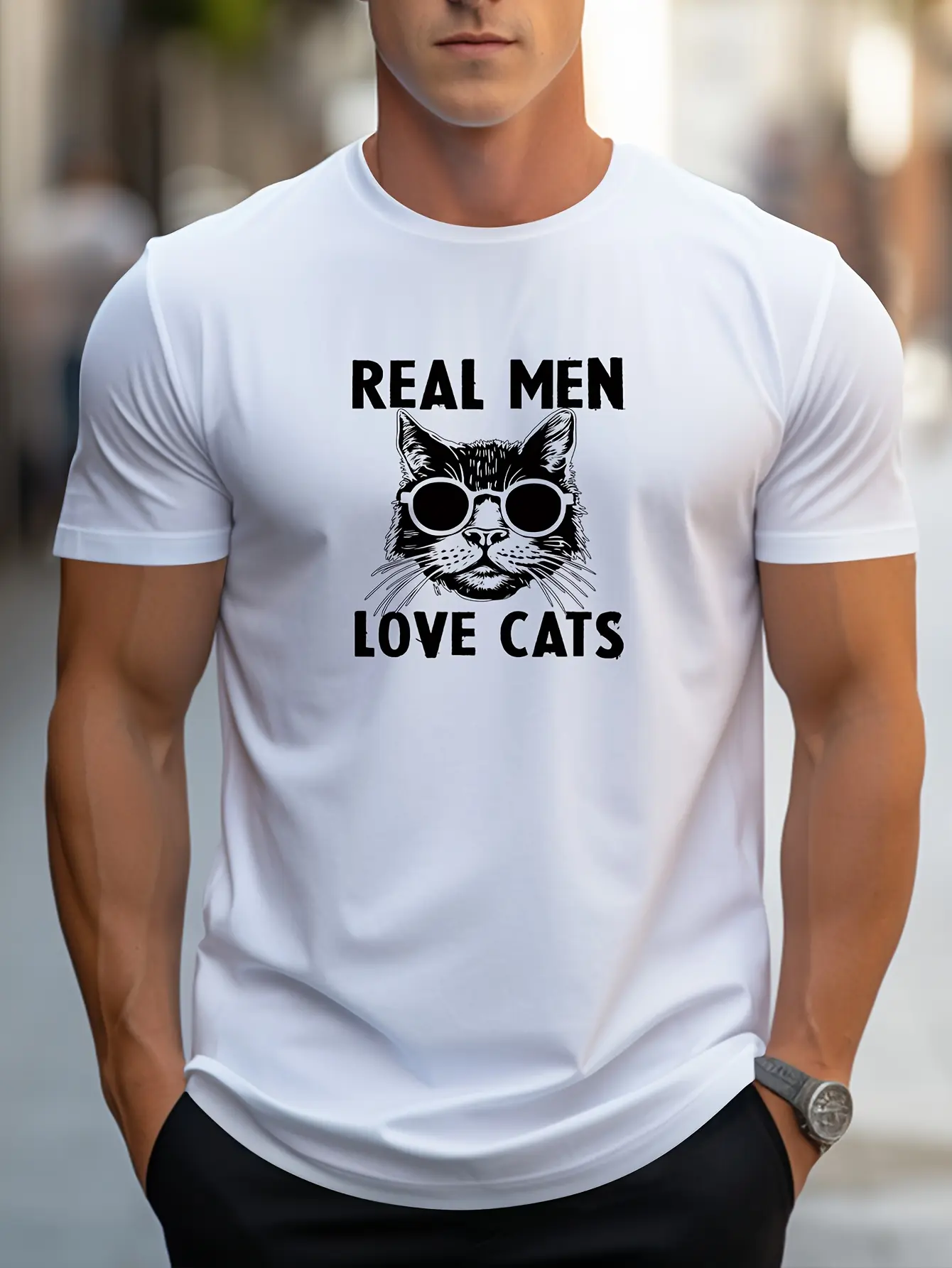 Men's summer 100% pure cotton fashionable casual loose true men love cats print round neck short sleeved T-shirt top