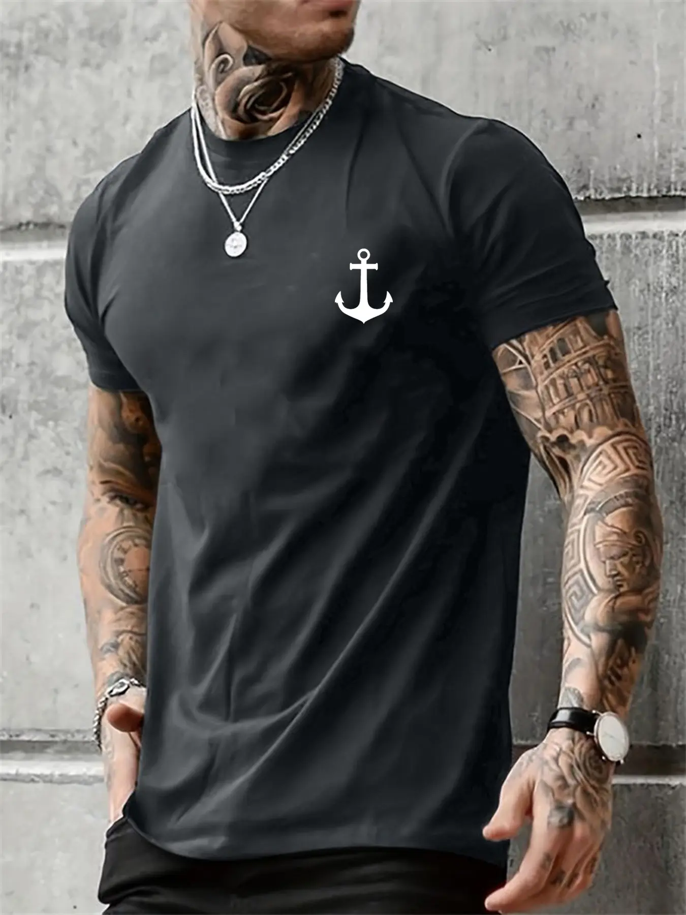 Men's Summer Casual Loose Size 100% Cotton Anchor pattern Print Round Neck Short Sleeve T-shirt Top