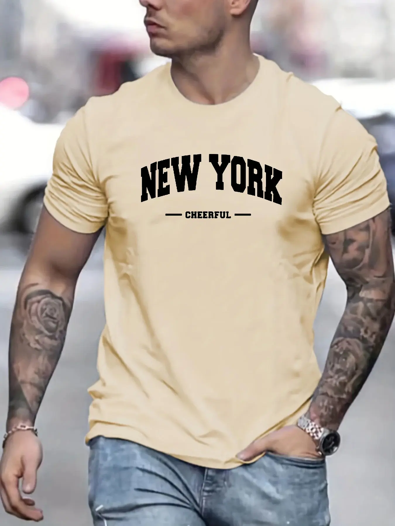 Men's 100% pure cotton summer loose fit oversized New York Cheerful print casual slim fit round neck short sleeved T-shirt top