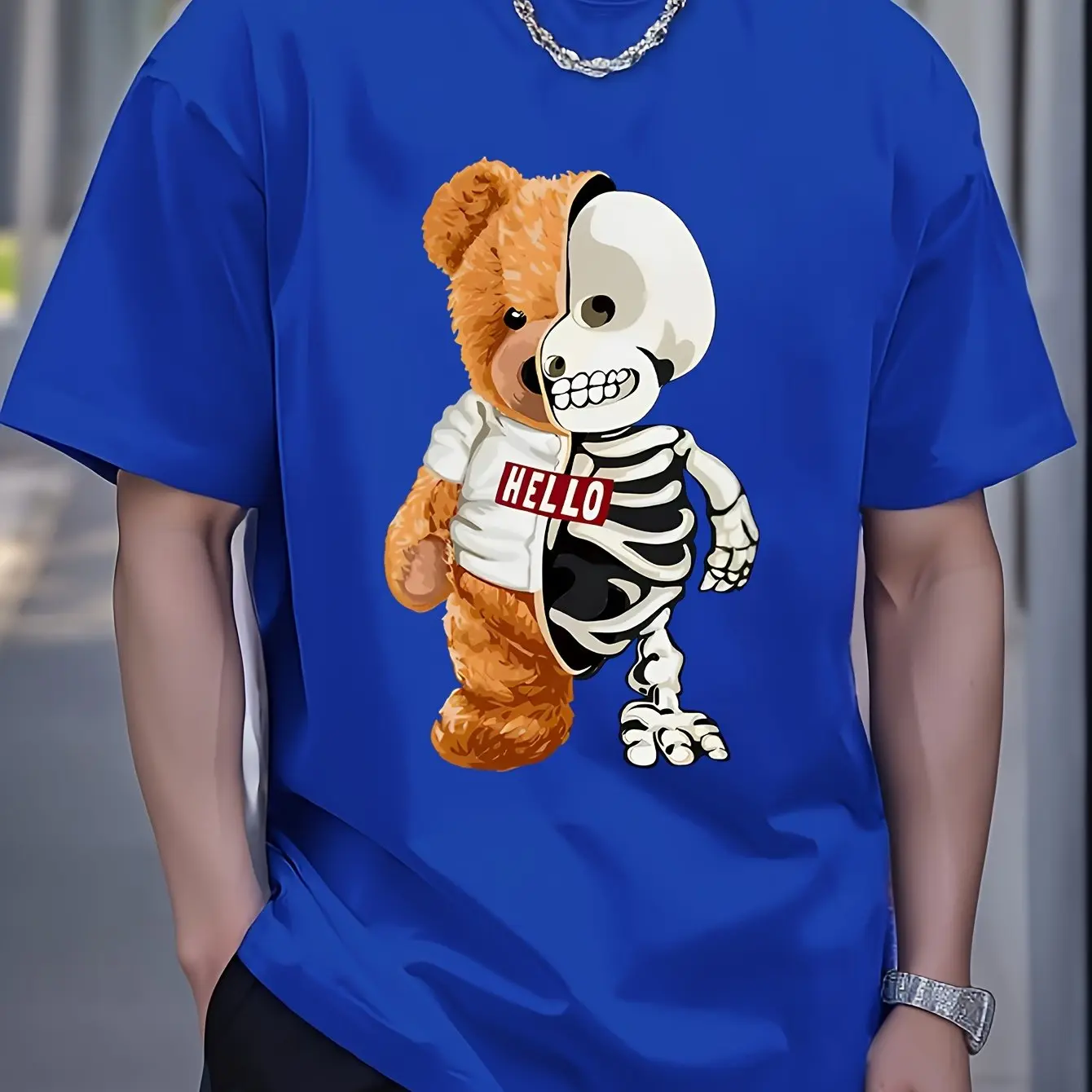 Men's summer 100 cotton fashionable casual sports loose skull bear pattern printed round neck short sleeved T-shirt top