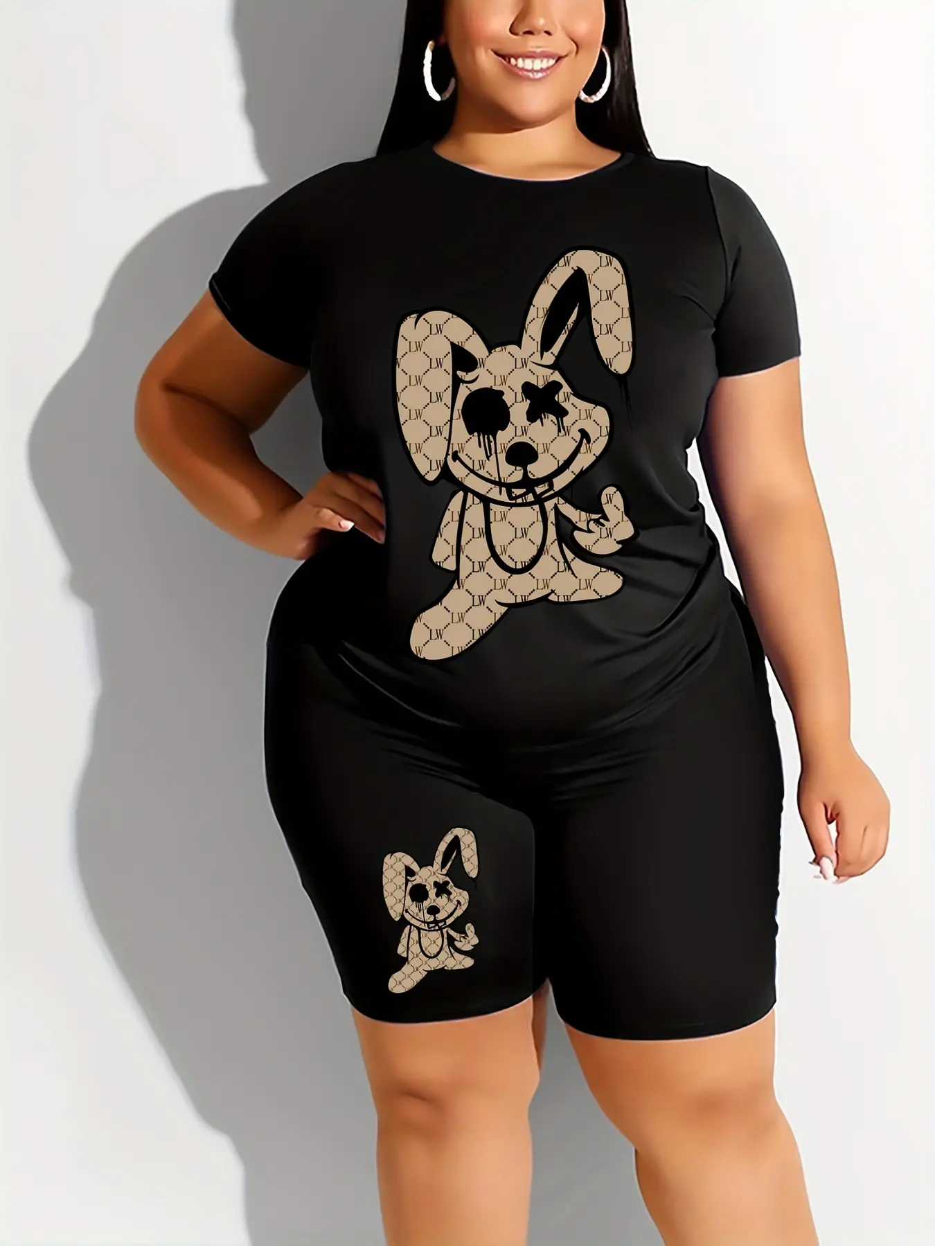 Women's summer casual loose plus cartoon rabbit print round neck short sleeved T-shirt paired with cropped pants two-piece set