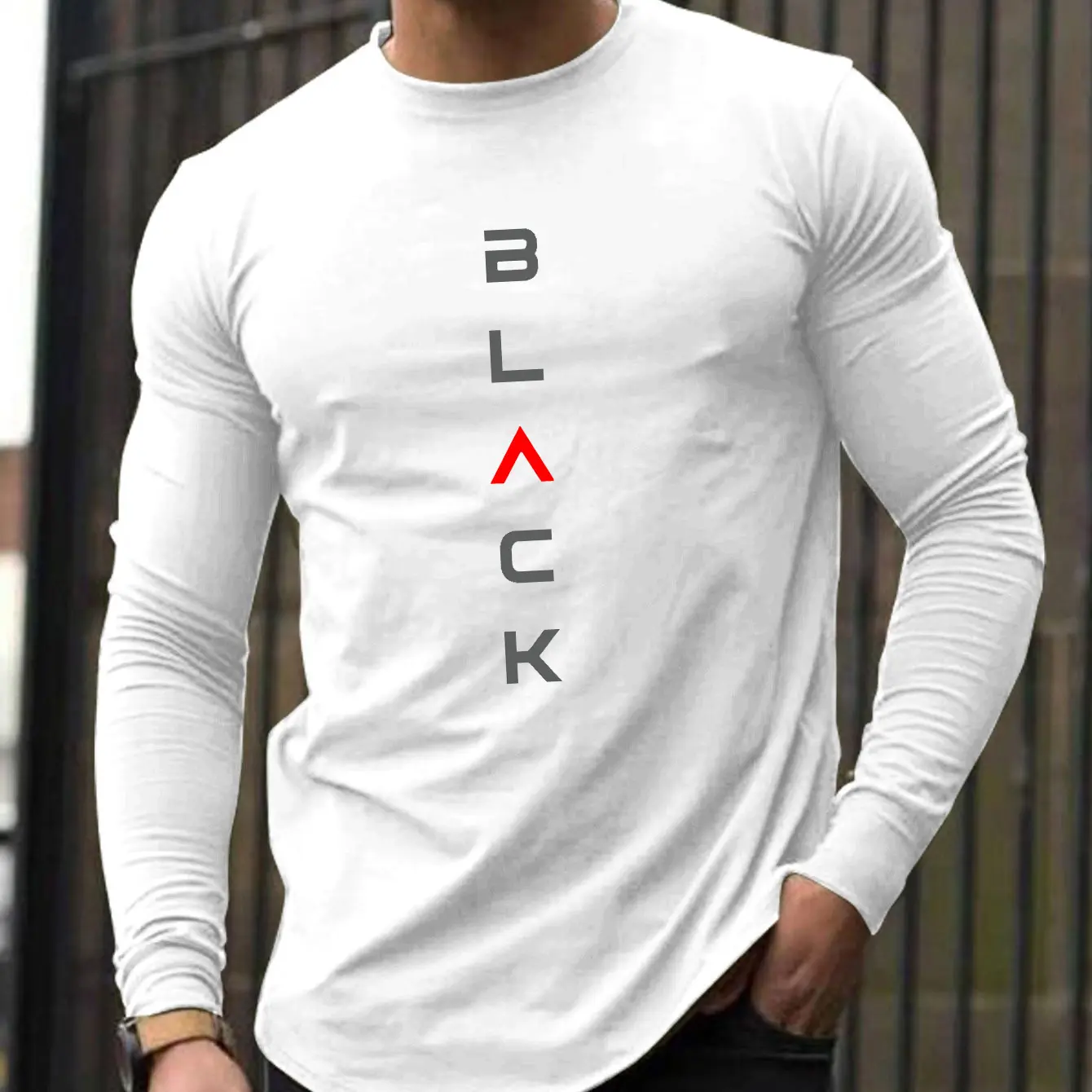 Men's 100% pure cotton loose fit comfortable sports and leisure BLACK letter printed round neck long sleeved T-shirt top