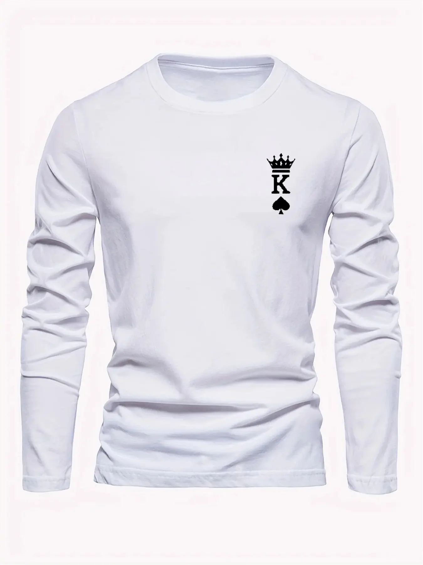 Men's 100% pure cotton loose fit comfortable sports and leisure poker card K printed round neck long sleeved T-shirt top