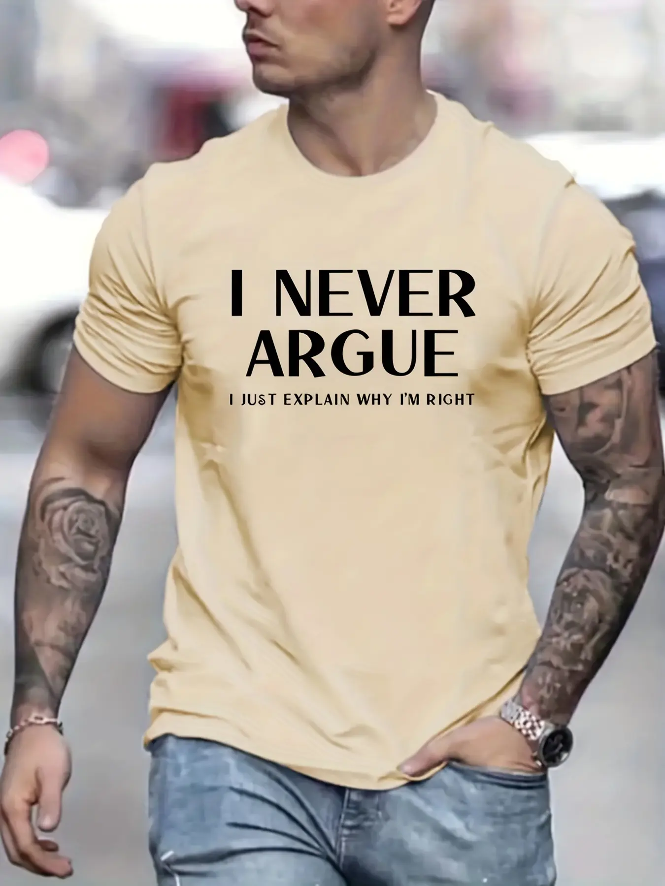 Men's summer 100 cotton fashionable casual sports loose fit I NEVER ARGUE letter printed round neck short sleeved T-shirt top