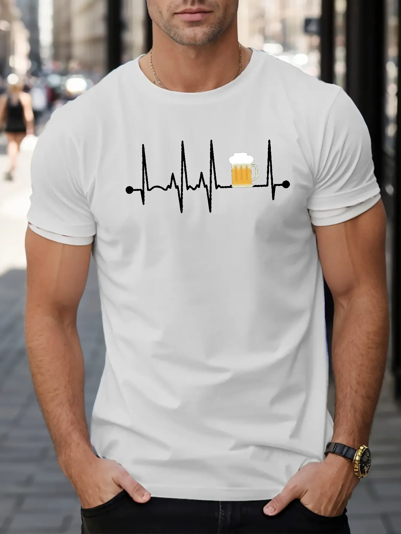 Men's Summer 100% Cotton Fashionable Casual Sports Loose Fashion ECG Beer Pattern Printed Round Neck Short Sleeve T-shirt Top