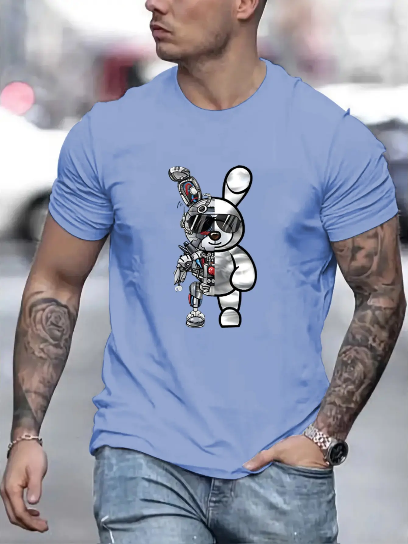 Men's summer 100 cotton fashionable casual loose cartoon mechanical rabbit pattern printed round neck short sleeved T-shirt top