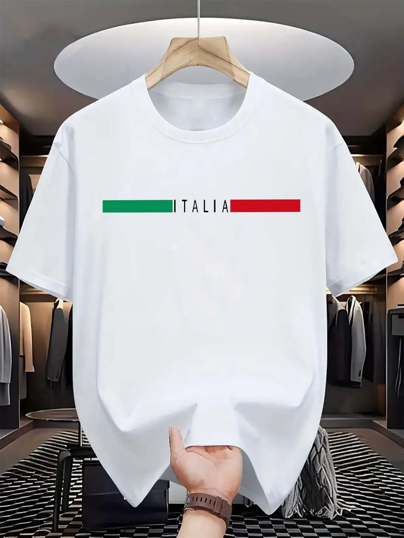 Men's summer 100% pure cotton fashionable casual sports loose ITALIA letter pattern printed round neck short sleeved T-shirt top